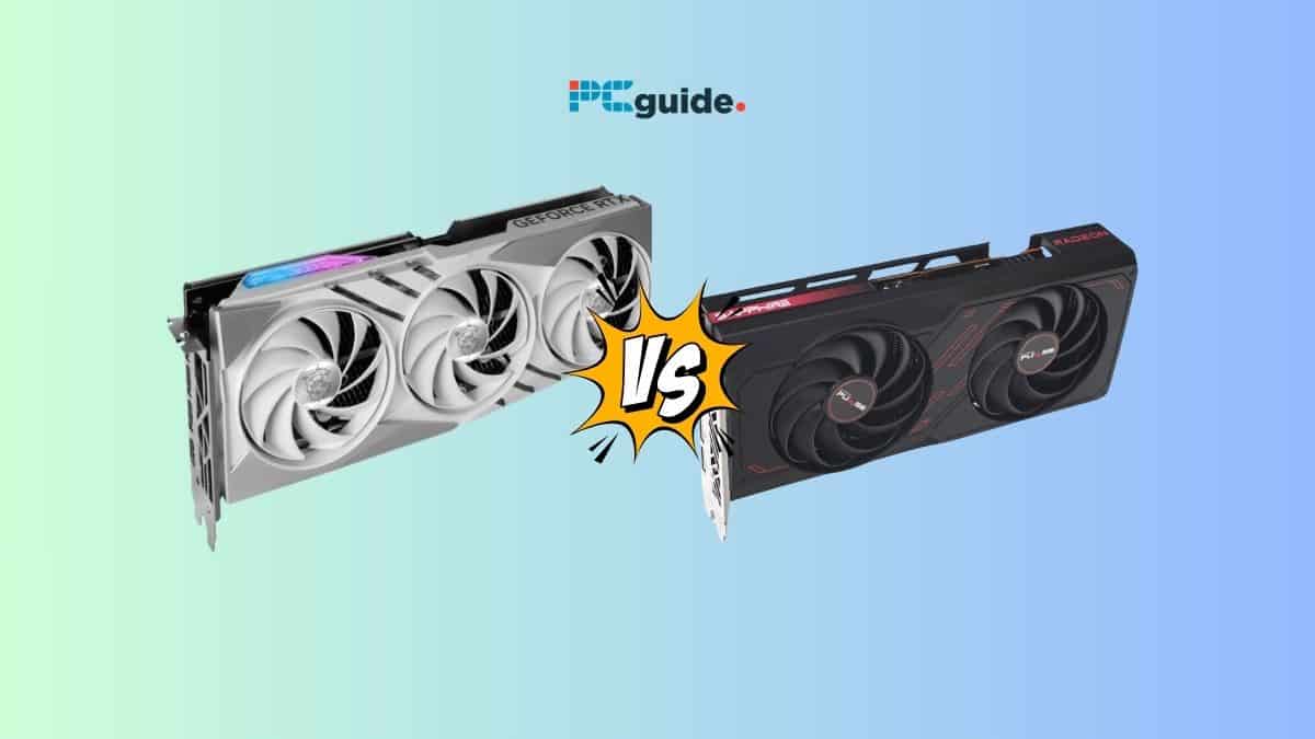 Graphics card comparison concept with a "versus" theme: RTX 4060 Ti 16GB vs RX 7600.