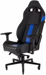 A black and blue Corsair T2 Road Warrior gaming chair.