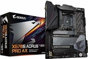 A GIGABYTE X570S AORUS PRO AX motherboard with a box.