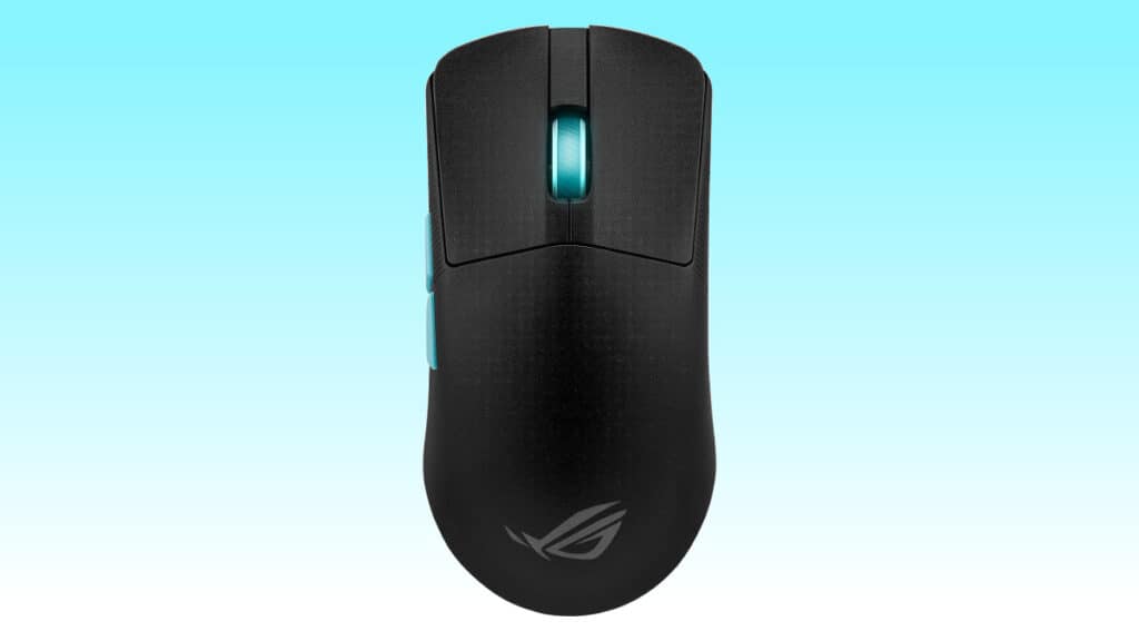 The ASUS ROG gaming mouse is shown on a blue background with this huge wireless deal.