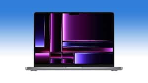 An epic Back to School deal: Save $250 off an Apple Macbook with purple lights on a blue background.