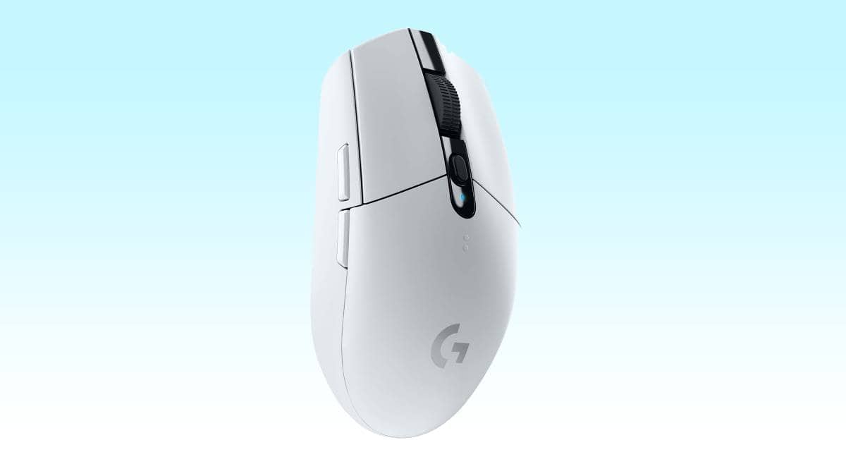 A white gaming computer mouse on a blue background, with more ergonomic features.