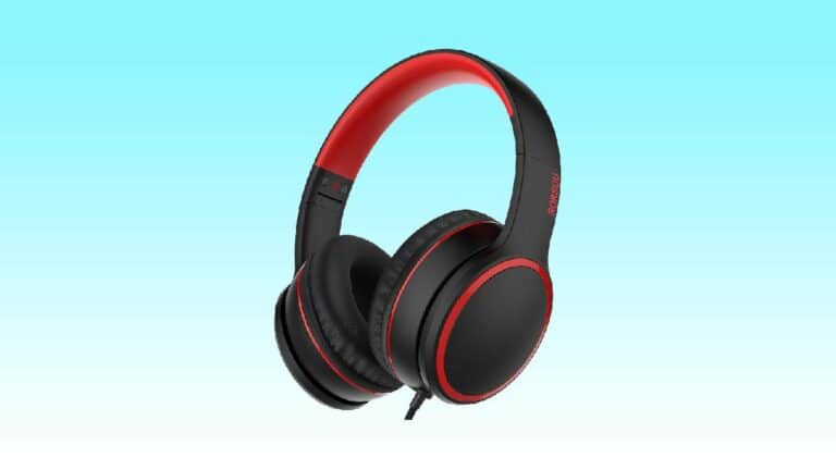 Best Back to School headphone deals featuring black and red headphones on a blue background.