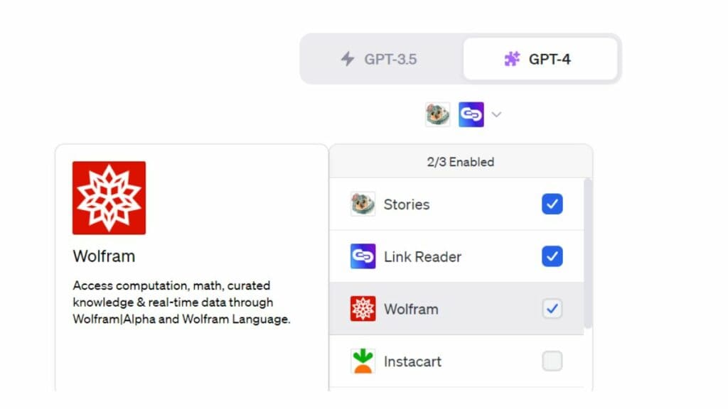 A screen shot of the ChatGPT plugins list where each can be ticked to enable it.