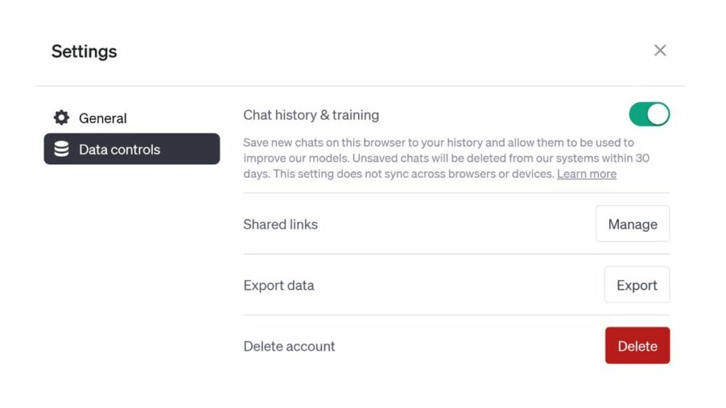 ChatGPT data controls delete account
