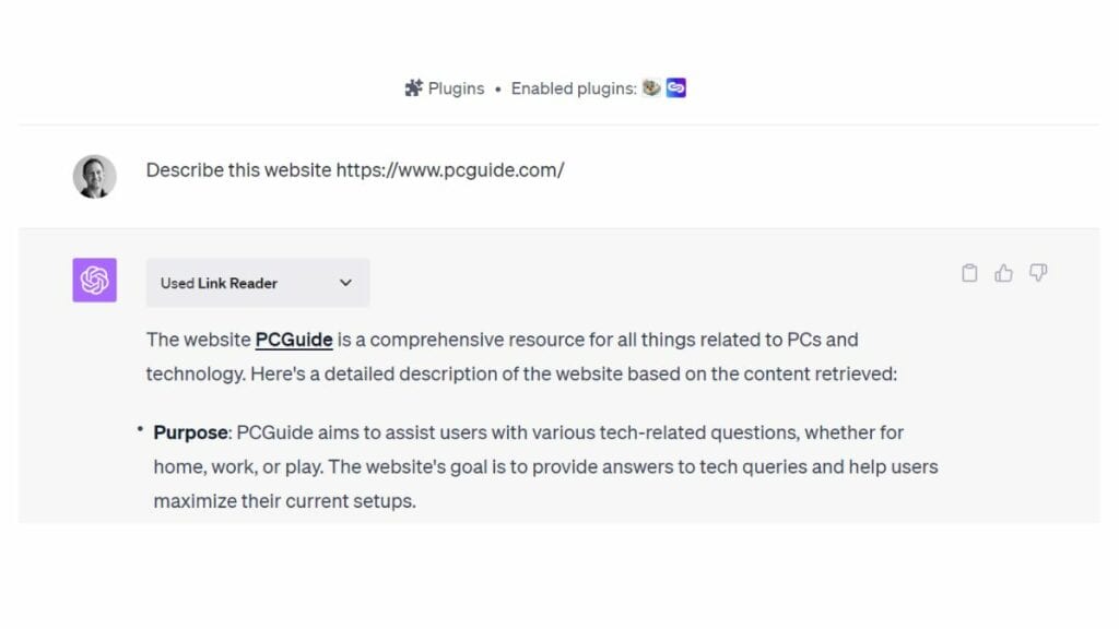 ChatGPT link reader plugin used to read and explain website content.