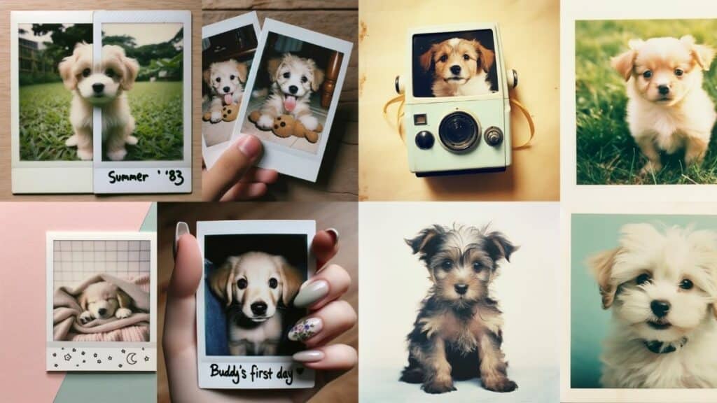 A collage of pictures of dogs and a person holding a DALL-E camera.