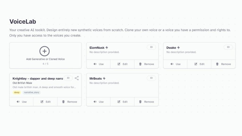 ElevenLabs voice cloning user interface.