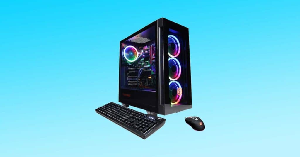 A blue background with a gaming PC and keyboard.