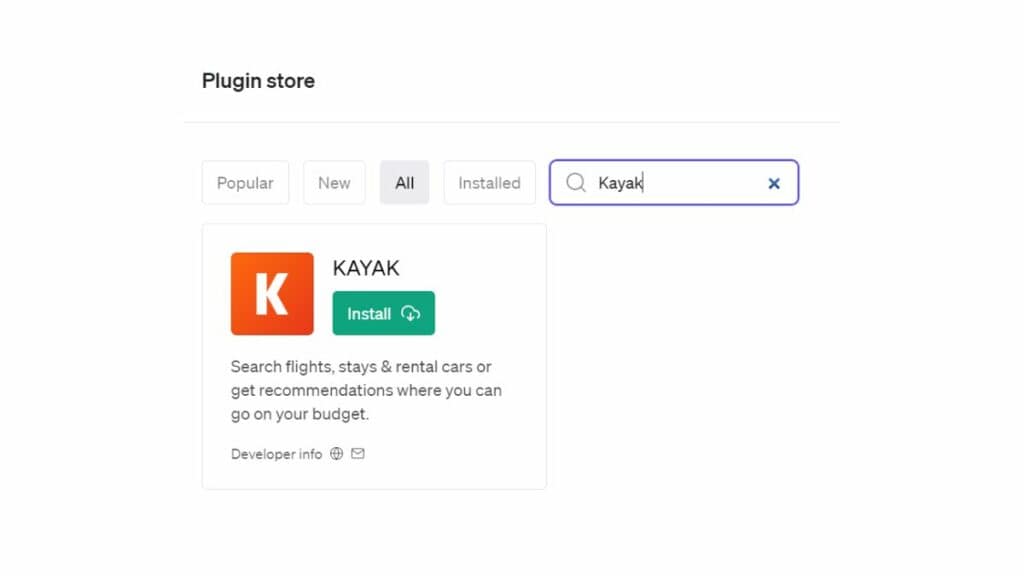 How to install the Kayak plug-in for ChatGPT.