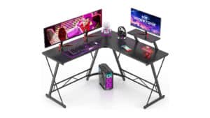 Mr IRONSTONE L-Shaped Gaming Desk with monitor, keyboard and mouse.