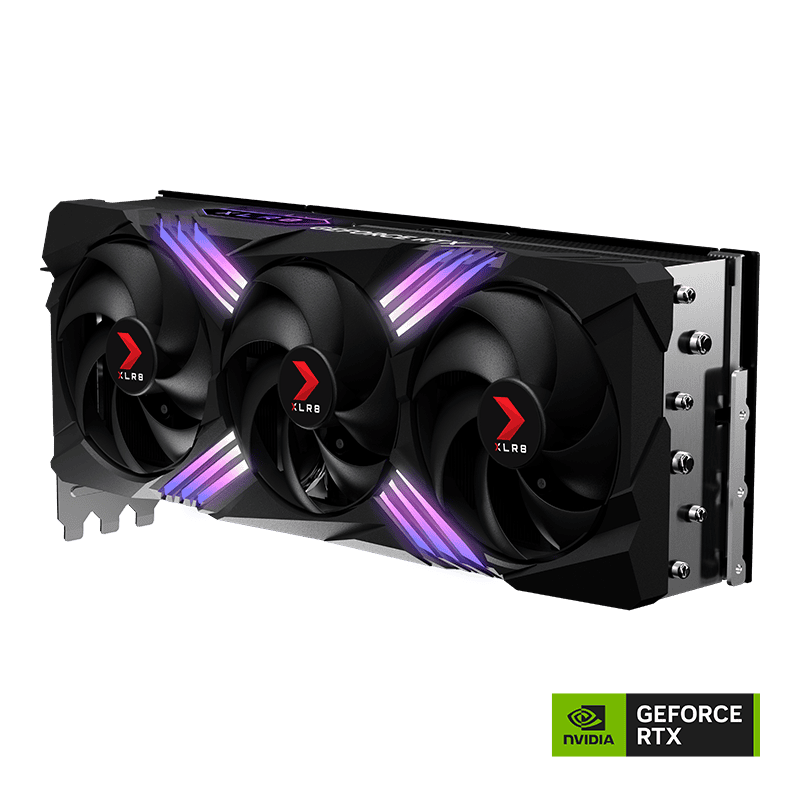 A triple-fan PNY GeForce RTX 4080 graphics card with RGB lighting.