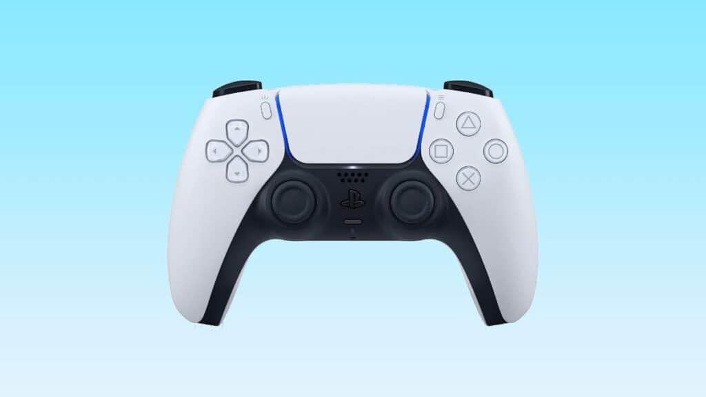 A blue PS5 controller on a blue background.