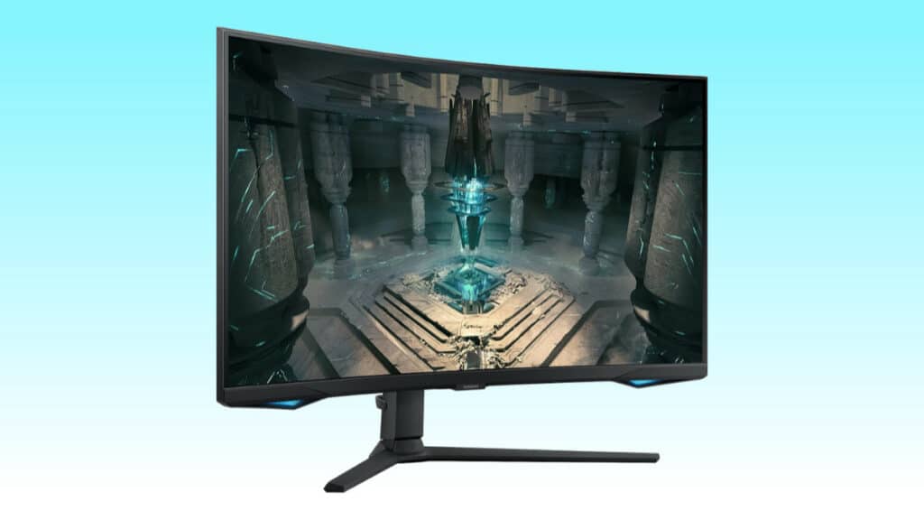 A Samsung gaming monitor on a blue background with rapid refresh rate.