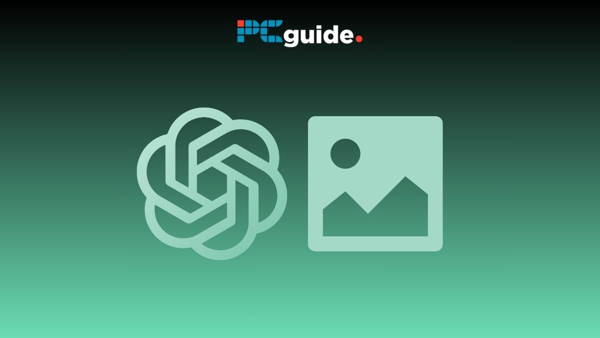 Image shows that ChatGPT logo next to an image symbol on a green background below the PC Guide logo.