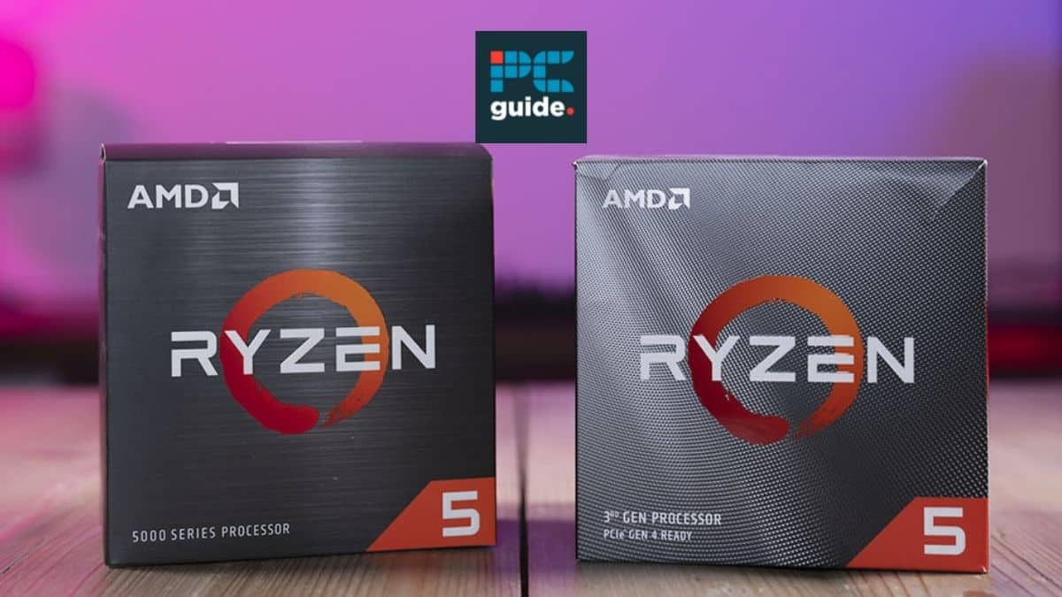 The image shows two Ryzen 5000 series CPUs under the PC guide logo