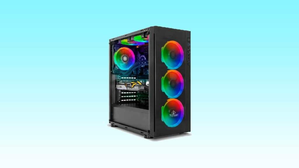 Save $200.99 on a black computer case with a rainbow colored fan.