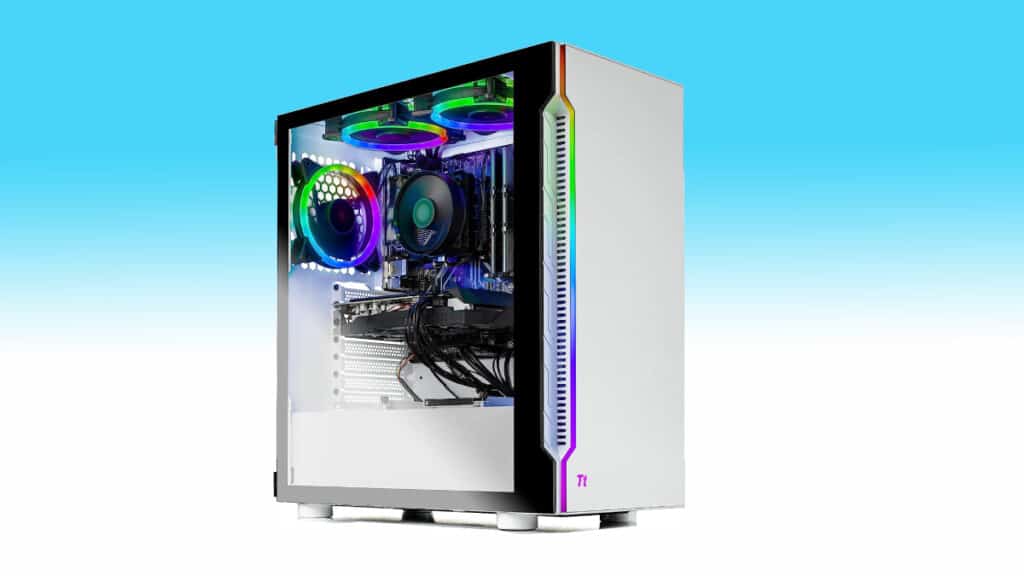 A white computer case with a blue background is featured in this RTX 3060 gaming PC deal on Amazon that saves you hundreds.