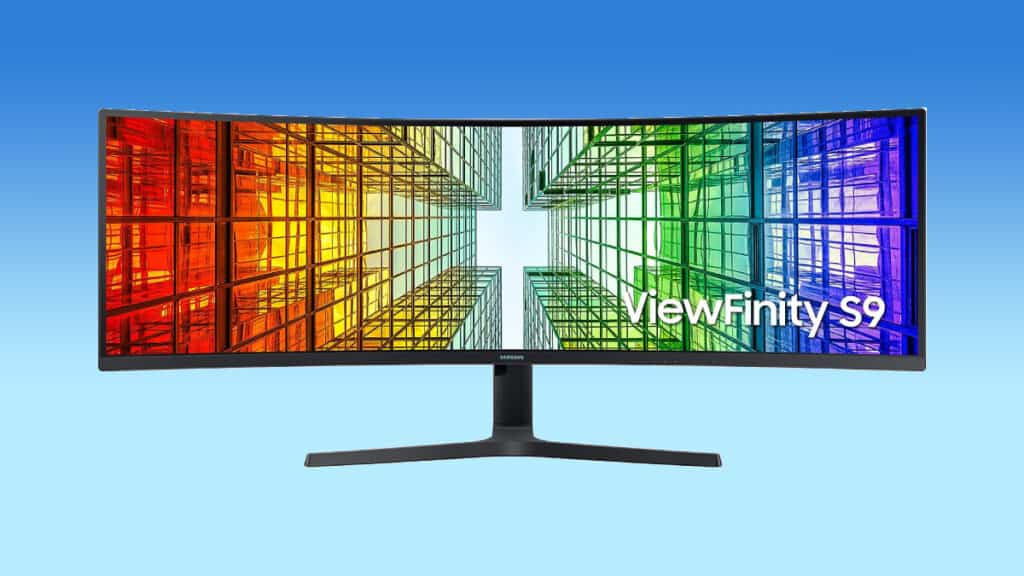 The huge Samsung curved monitor is showcased on a blue background.