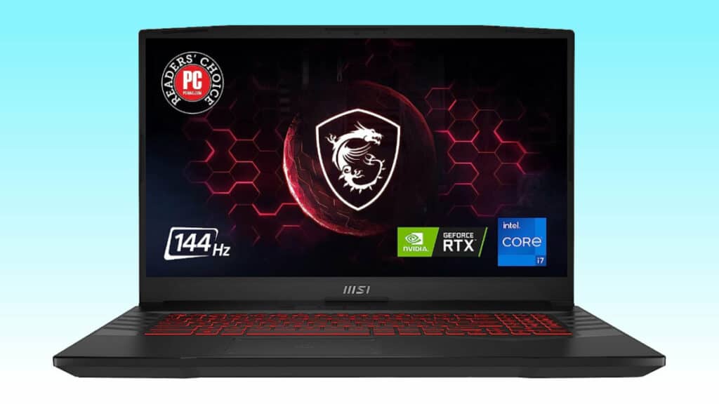 This powerful MSI gaming laptop featuring a red logo.