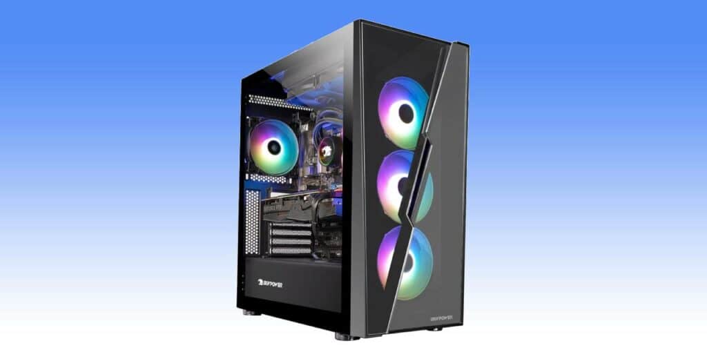 A black pc case with colorful lights on it, now available at a big discount.