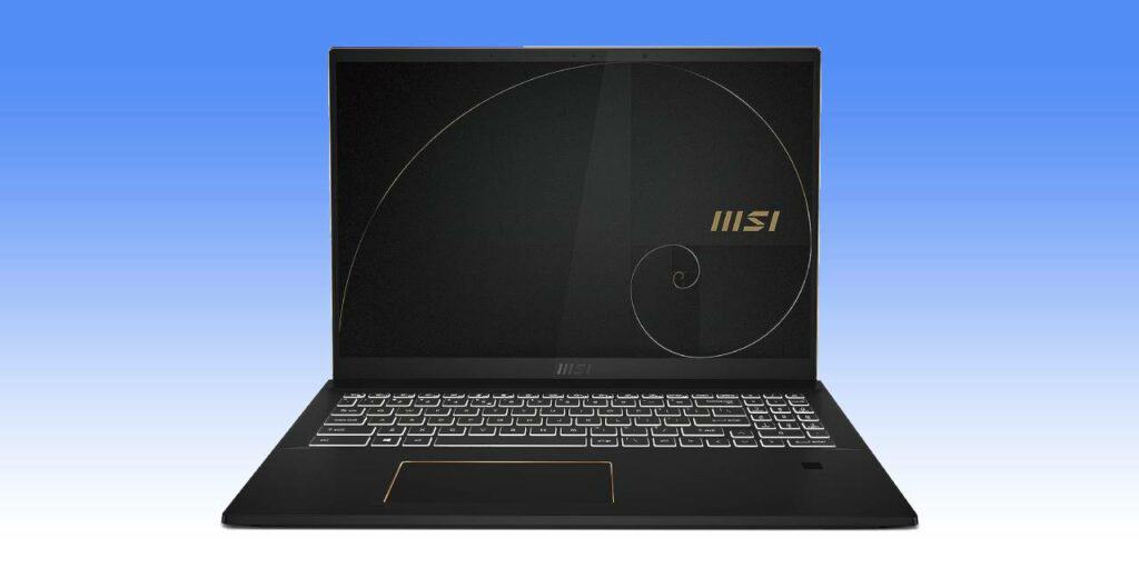 A black laptop on a blue background now discounted for Back to School.