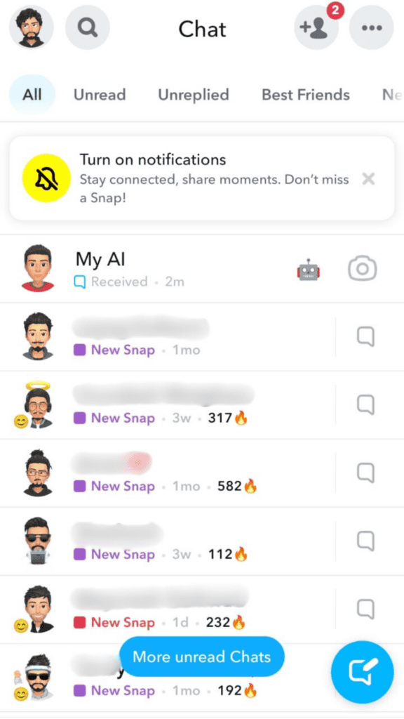 Screenshot from snapchat showing snapstreaks