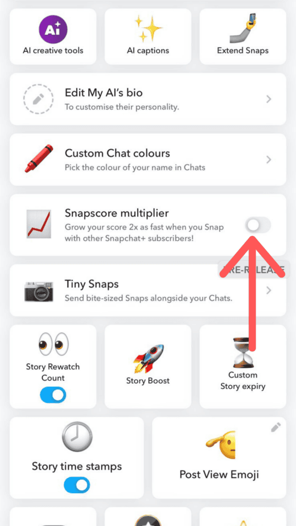 Screenshot from snapchat showing how to turn on snapscore multiplier