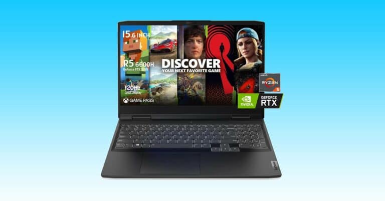 An image of a laptop with a video game on it, showcasing the Amazon deal and price drop on this mid-range Lenovo gaming laptop.