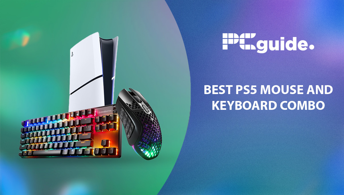 A green background, on the left is a PS5 with a keyboard and mouse in front of it, on the right it reads PC Guide best PS5 mouse and keyboaard combo