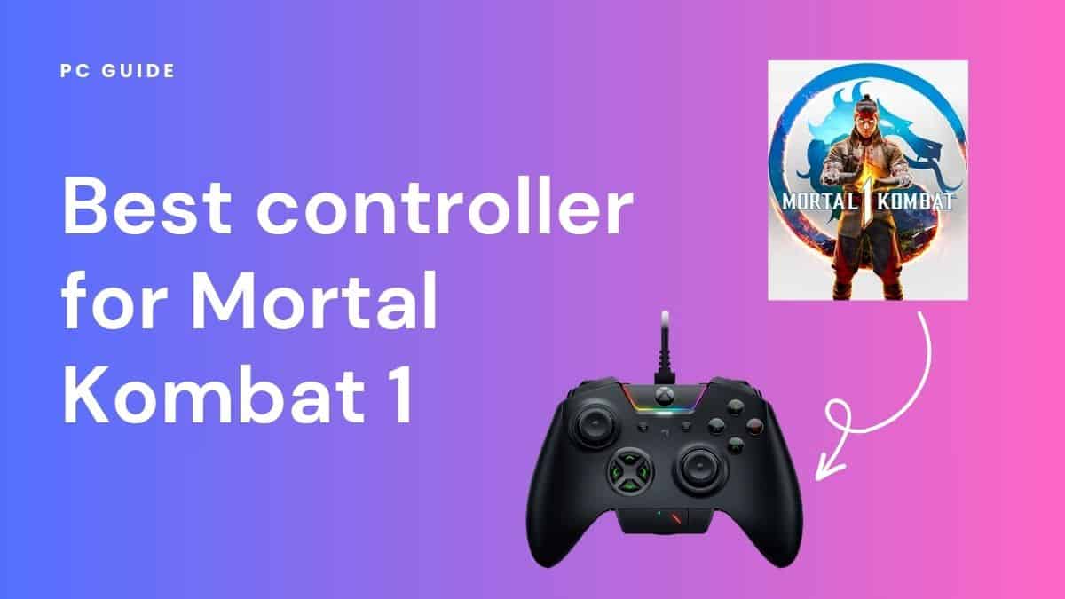 Best controller for Mortal Kombat 1. Image shows the text "Best controller for Mortal Kombat 1" next to the MK1 box and the Razer Unlimited controller, on a purple pink gradient background.