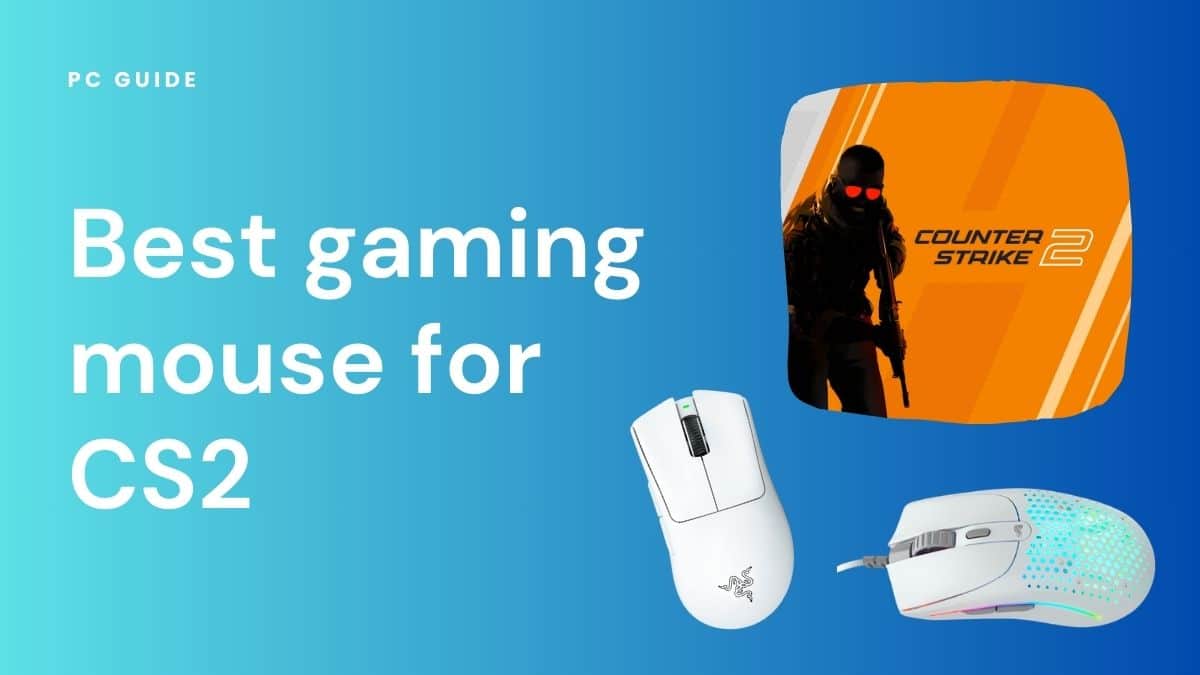 Best gaming mouse for CS2. Image shows the text "Best gaming mouse for CS2" with the Counter-Strike 2 poster above a Razer DeathAdder V3 Pro and Glorious Model O 2 gaming mouse, on a blue gradient background.