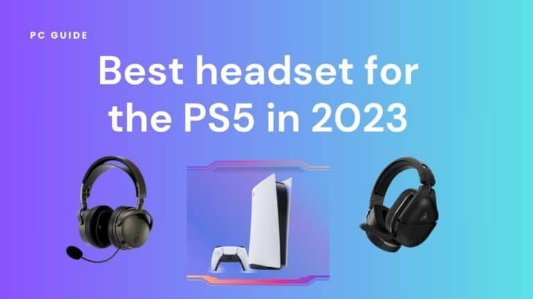 Best headset for PS5 in 2023. Image shows the text "Best headset for PS5 in 2023" above a PS5 console inbetween the Turtle Beach Stealth 700 Gen and the Audeze Maxwell wireless headsets, on a purple blue gradient background.