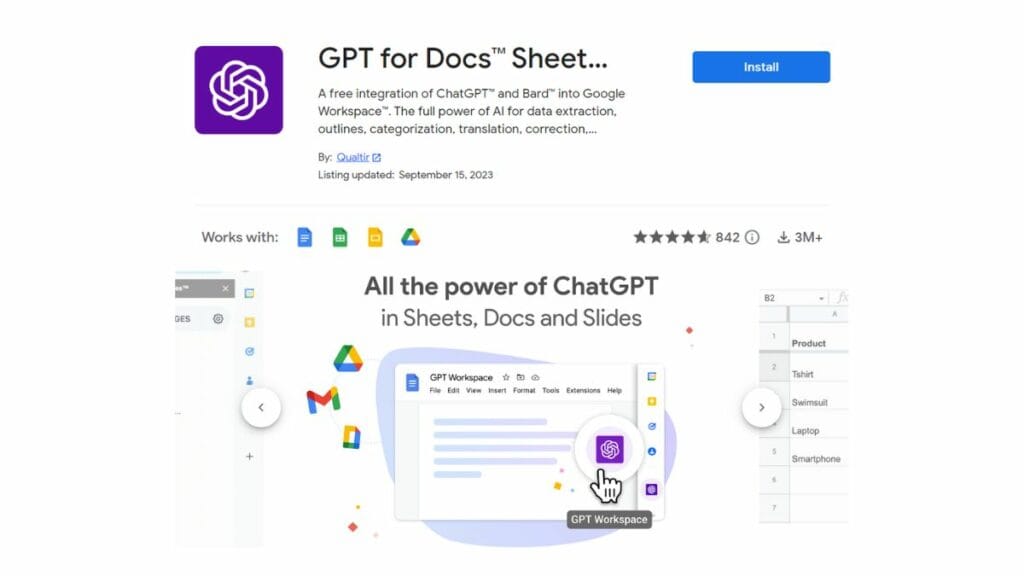 A screenshot of how to install Google Drive plugin to use ChatGPT in Sheets or Docs or Slides.
