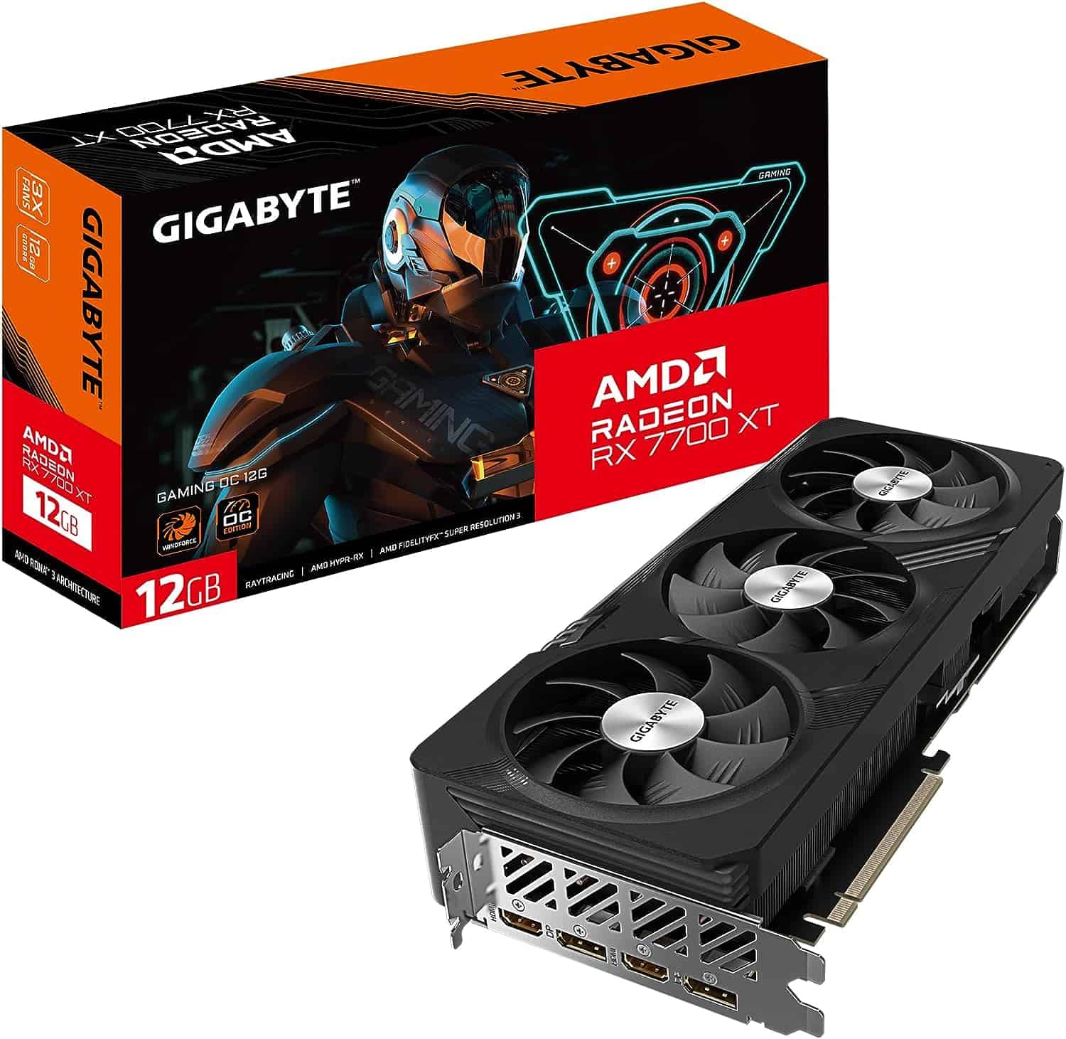 Gigabyte Radeon RX 7700 XT Gaming OC graphics card with three fans, displayed alongside its packaging box.