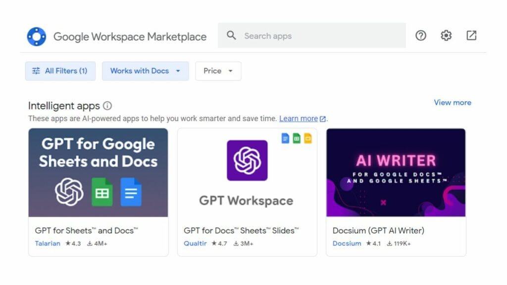 A screen shot of the google workspace marketplace featuring ChatGPT integration in Google Drive.