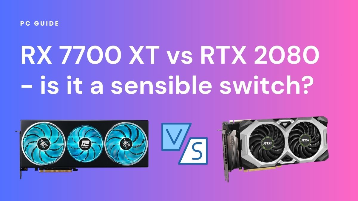 RX 7700 XT vs RTX 2080 - is it a sensible switch? Image shows the text "RX 7700 XT vs RTX 2080 - is it a sensible switch?" next to an RX 7700 XT GPU and an RTX 2080 GPU with a vs sign between them, on a purple pink gradient background.