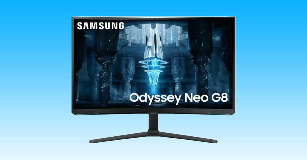 The Samsung Odyssey Neo G6 gaming monitor is displayed against a blue backdrop.