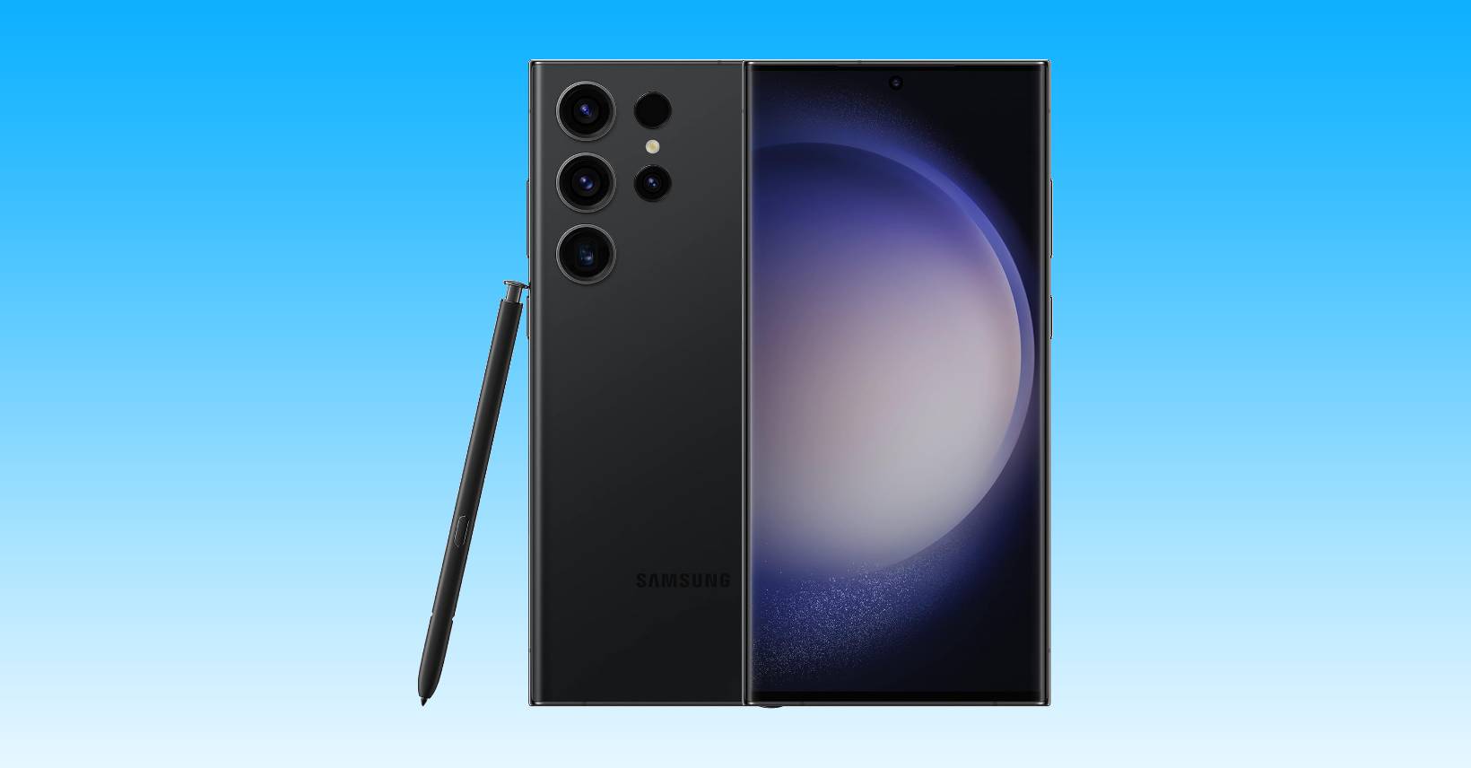 The Samsung Galaxy Note 10 is shown on a blue background.