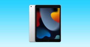 The Apple iPad mini is shown against a blue background.
