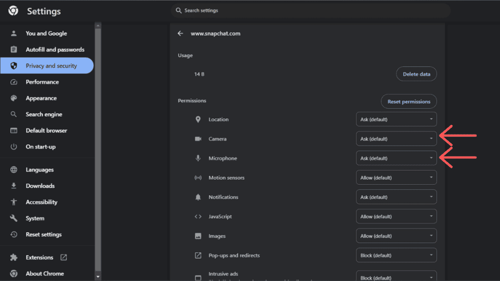 screenshot from chrome enabling permissions for microphone and camera