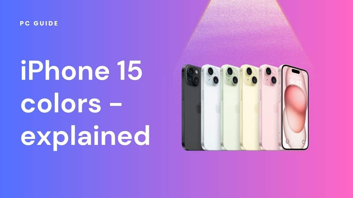 Explanation of the diverse color options available for the iPhone 15. Image shows the text "iPhone 15 colors - explained" next to the iPhone 15 lineup underneath a spotlight, on a purple pink gradient background.
