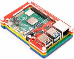 A Raspberry Pi enclosed in a vibrant Pibow Coupe case featuring rainbow colors.