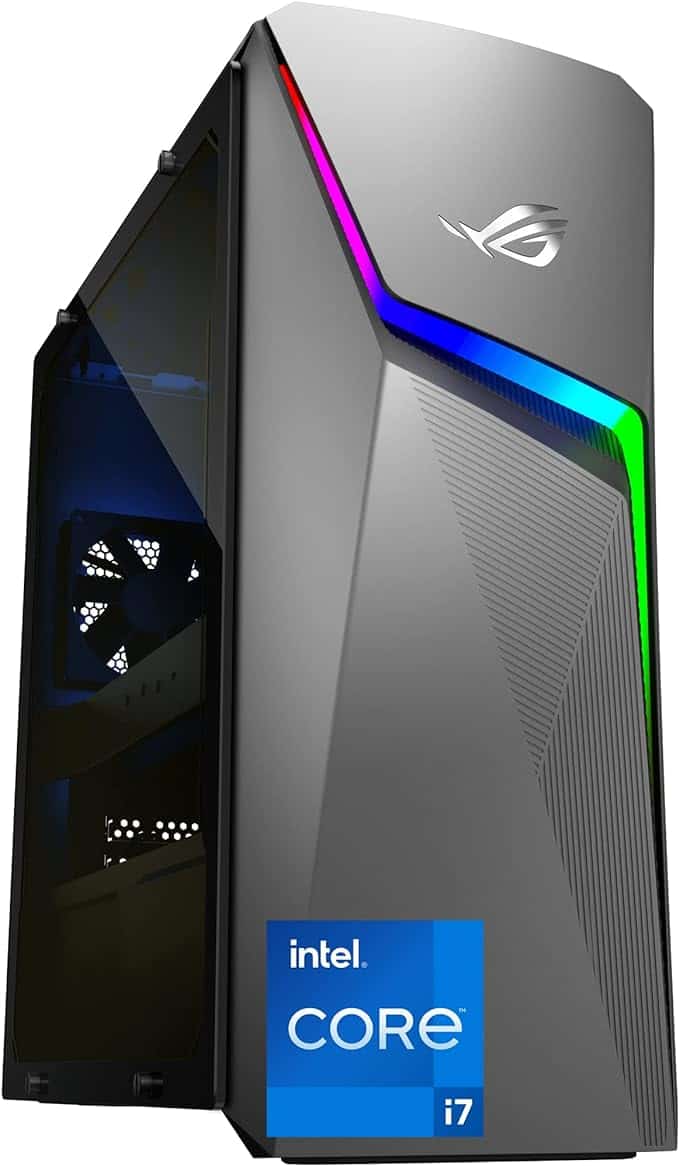 A modern Asus ROG Strix G10 gaming desktop computer with an Intel Core i7 processor, featuring RGB lighting on its angular case.
