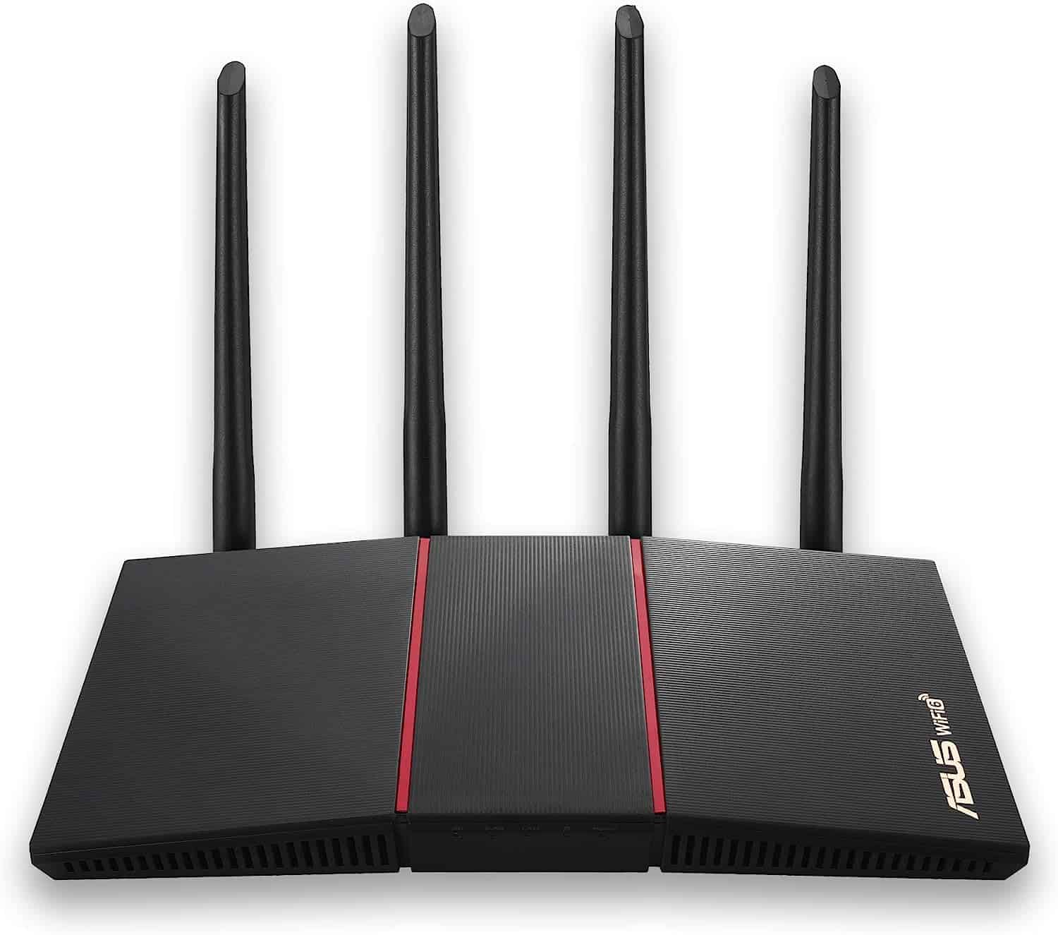 A black ASUS RT-AX55 router with two antennas on it.