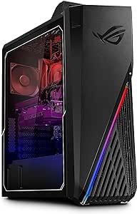 A modern Asus ROG Strix GA15 gaming desktop computer with a transparent side panel showcasing internal components and RGB lighting.