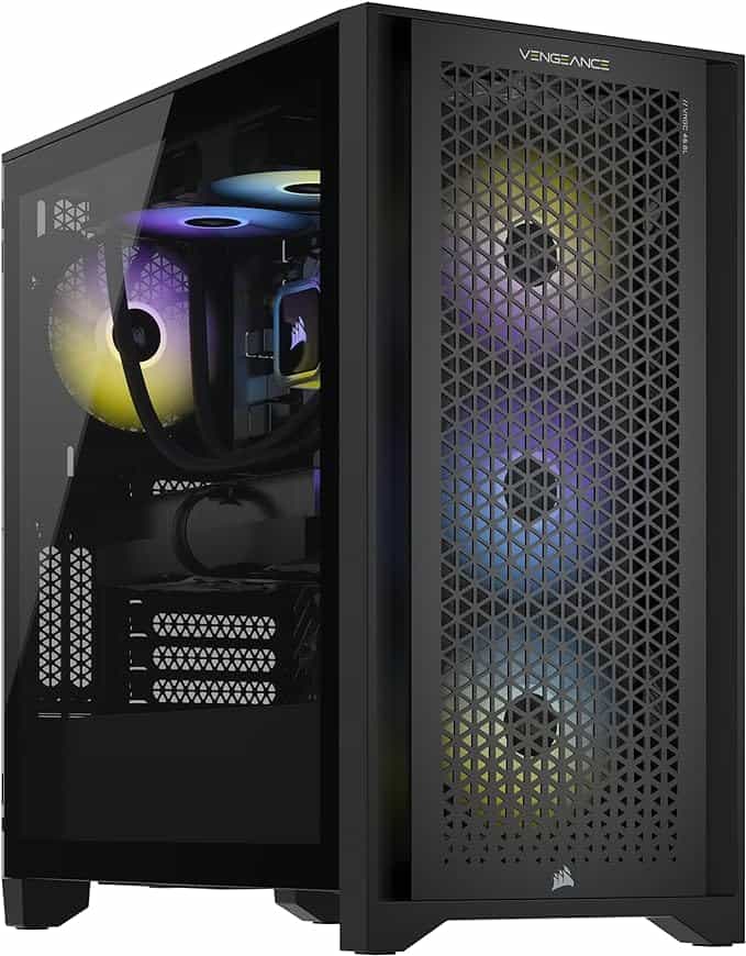 A modern Corsair Vengeance a7300 gaming PC tower with rgb lighting and a transparent side panel.
