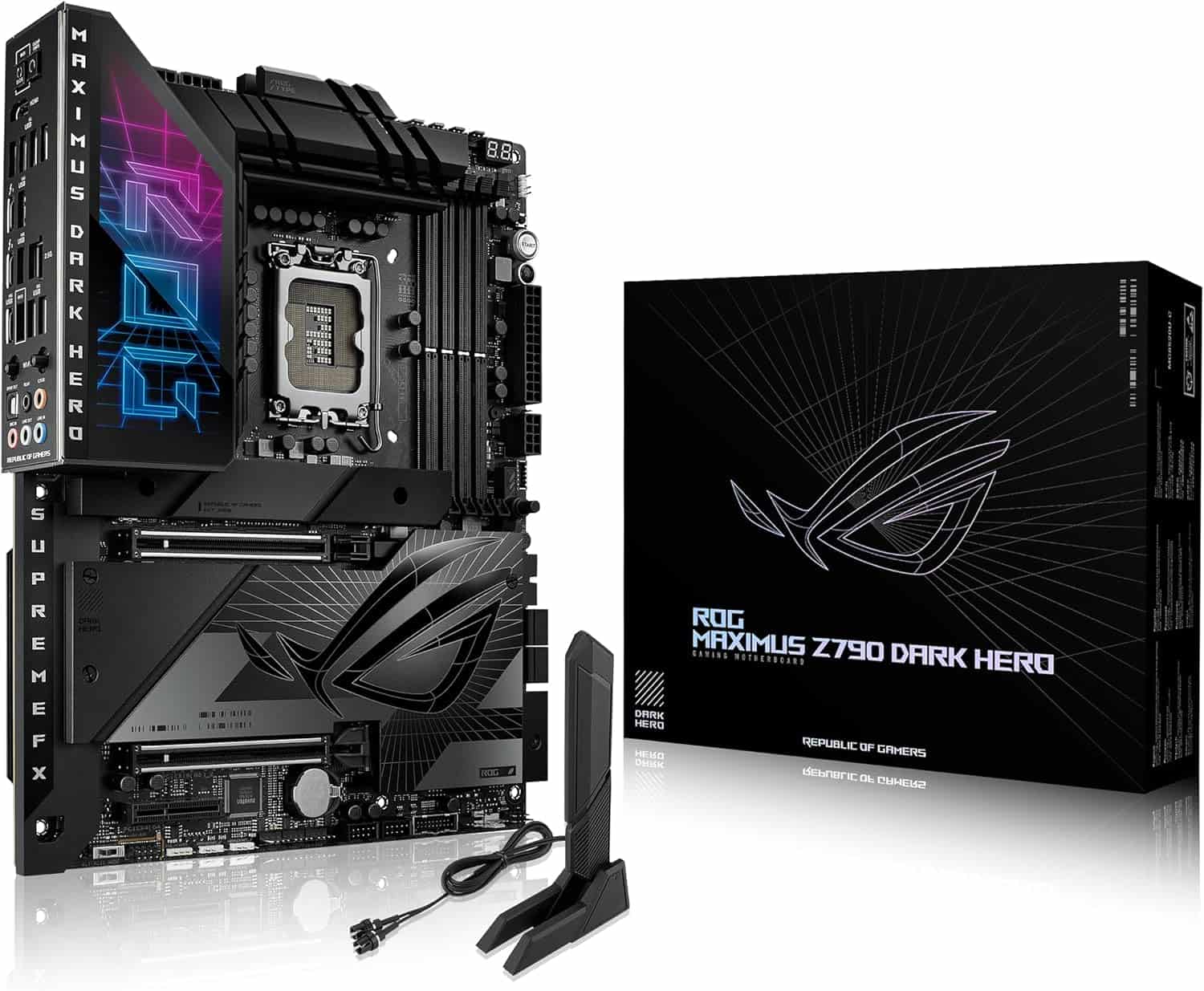 The ASUS ROG Maximus Z790 DARK HERO features dazzling RGB lighting elements on the motherboard.