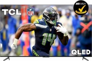 A TCL 85-Inch Q7 QLED 4K Smart TV featuring an image of a Seattle Seahawks football player.