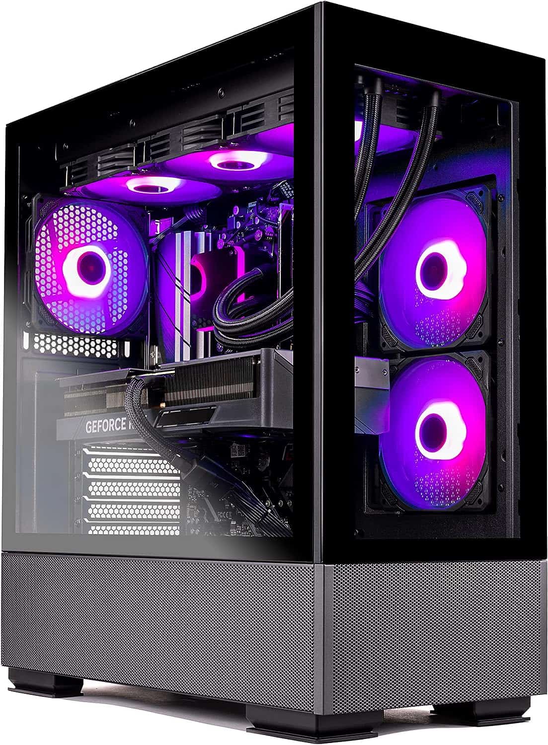 Skytech Gaming Azure Gaming PC Desktop with purple lights on its case.